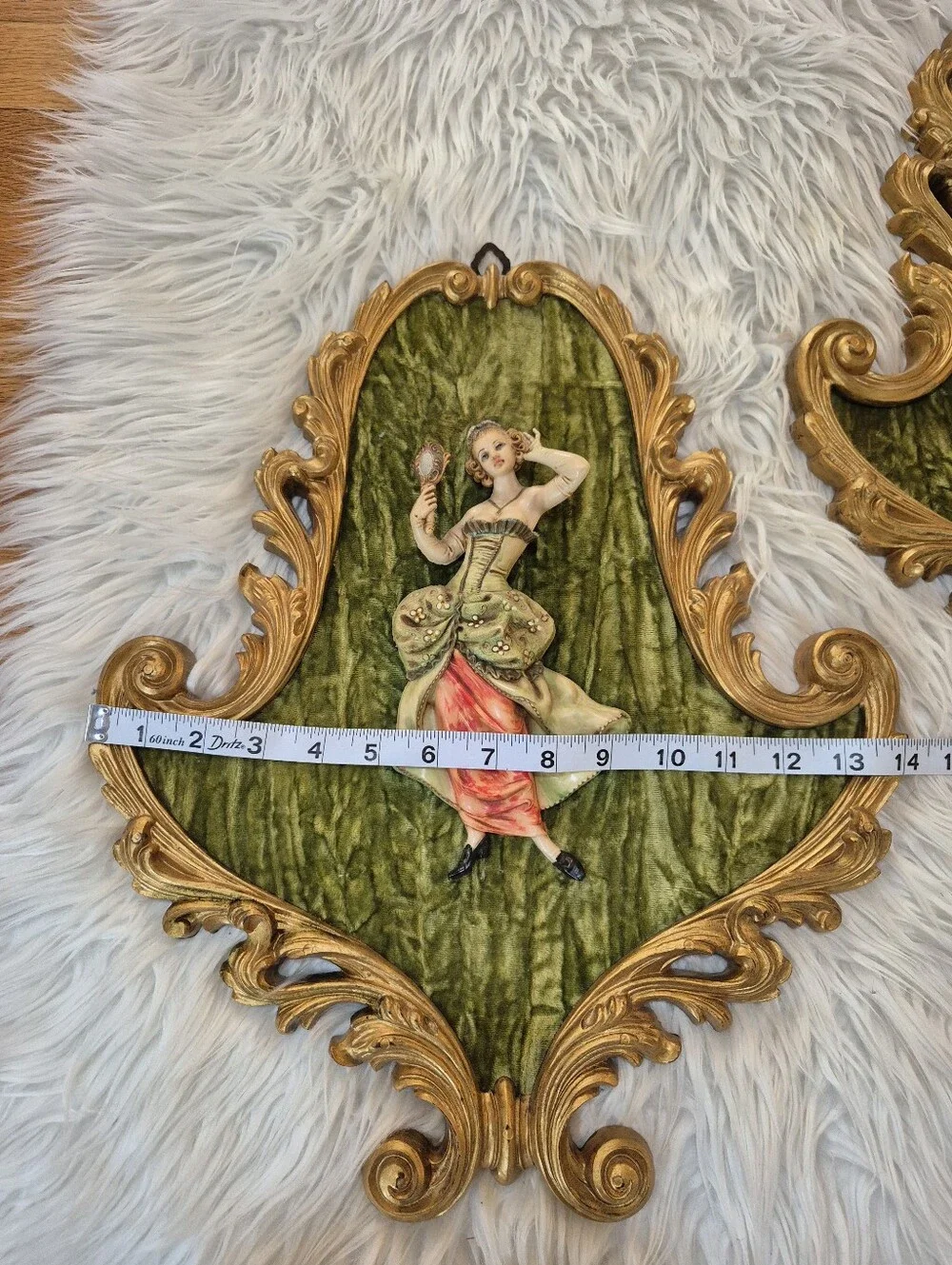 Vintage-Style Green Velvet and Gold Wall Plaques (Pair)
